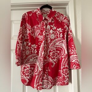 Chicos Red and White Floral Button-Up Shirt size 1.5 (medium)